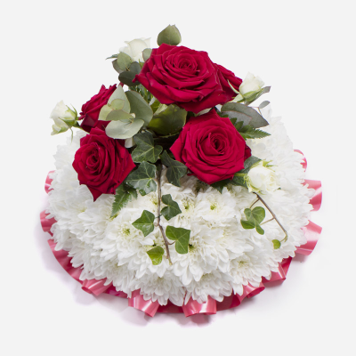 Posy SYM-344 - White Massed Base Posy with Red Rose Spray. 
